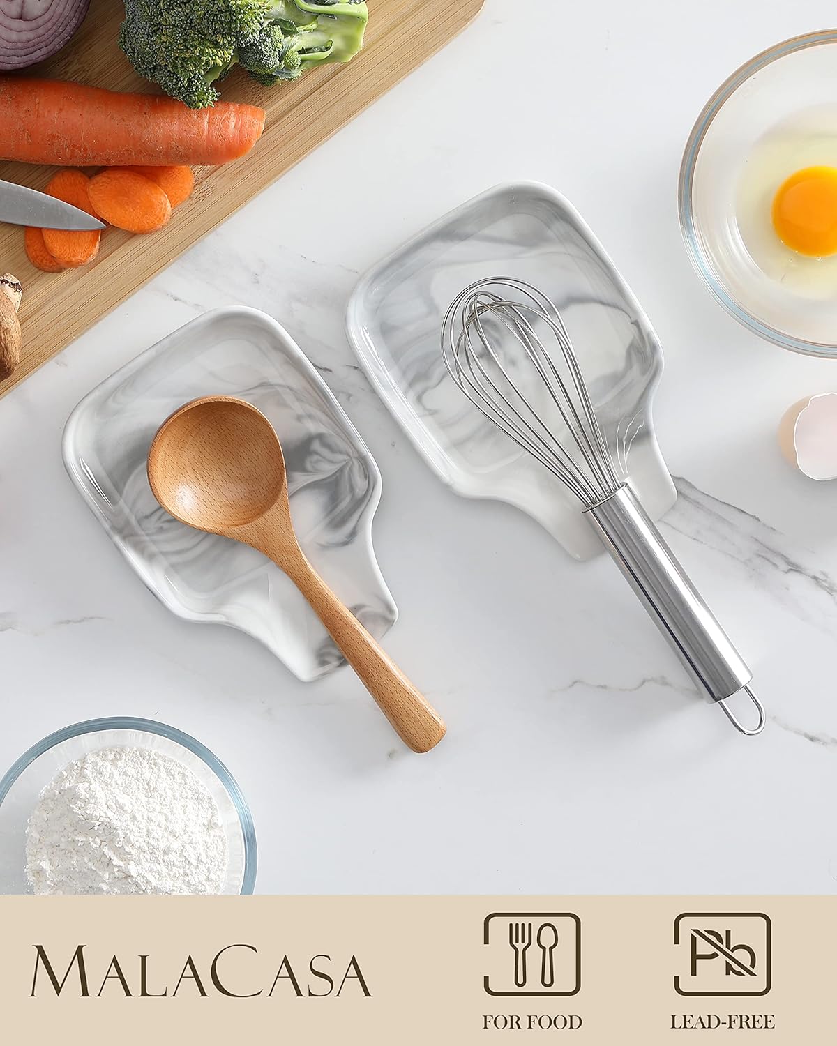 MALACASA Spoon Rest, Large Spoon Rests for Stove Top, Porcelain Spoon Holder for Kitchen Counter, Utensils Rests, Cooking Spoon Holders for Spatula Ladle Tongs, Marble Grey, Series REGULAR