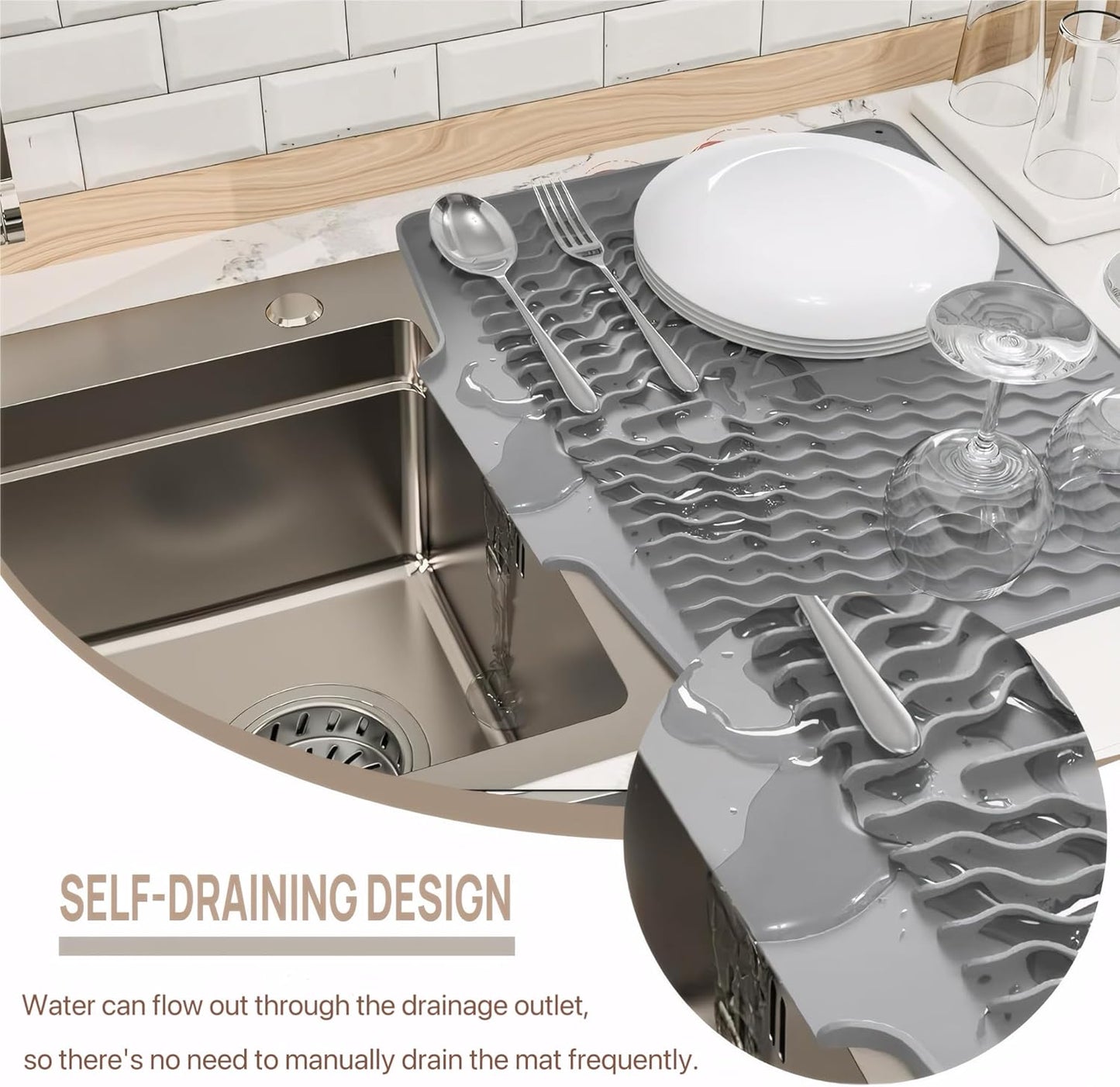 Silicone Dish Drying Mat for kitchen Countertop, Heat Resistant Mats, Dish Drainers for Kitchen counter, Hot Pot Holders, Dish Drying Rack with Built in Drain,(Gray, 15.6"x13")