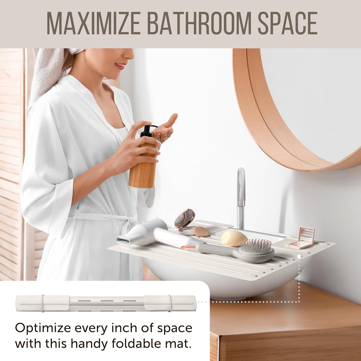 Maplefield Bathroom Sink Cover for Counter Space, Heat Resistant Silicone Sink Mat for Your Beauty Routine, Small Bathroom Space Saver Sink Cover for Makeup (Taupe Large, 22 x 2 x 2 Inches)