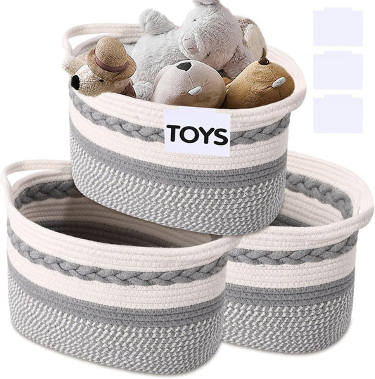 Woven Storage Basket, 3 Pack Grey Rope Basket for Shelves, HandWoven Cotton Rope Basket with Built-in Handles and Labels for Bathroom, Bedroom, Laundry, Pantry, Shelves