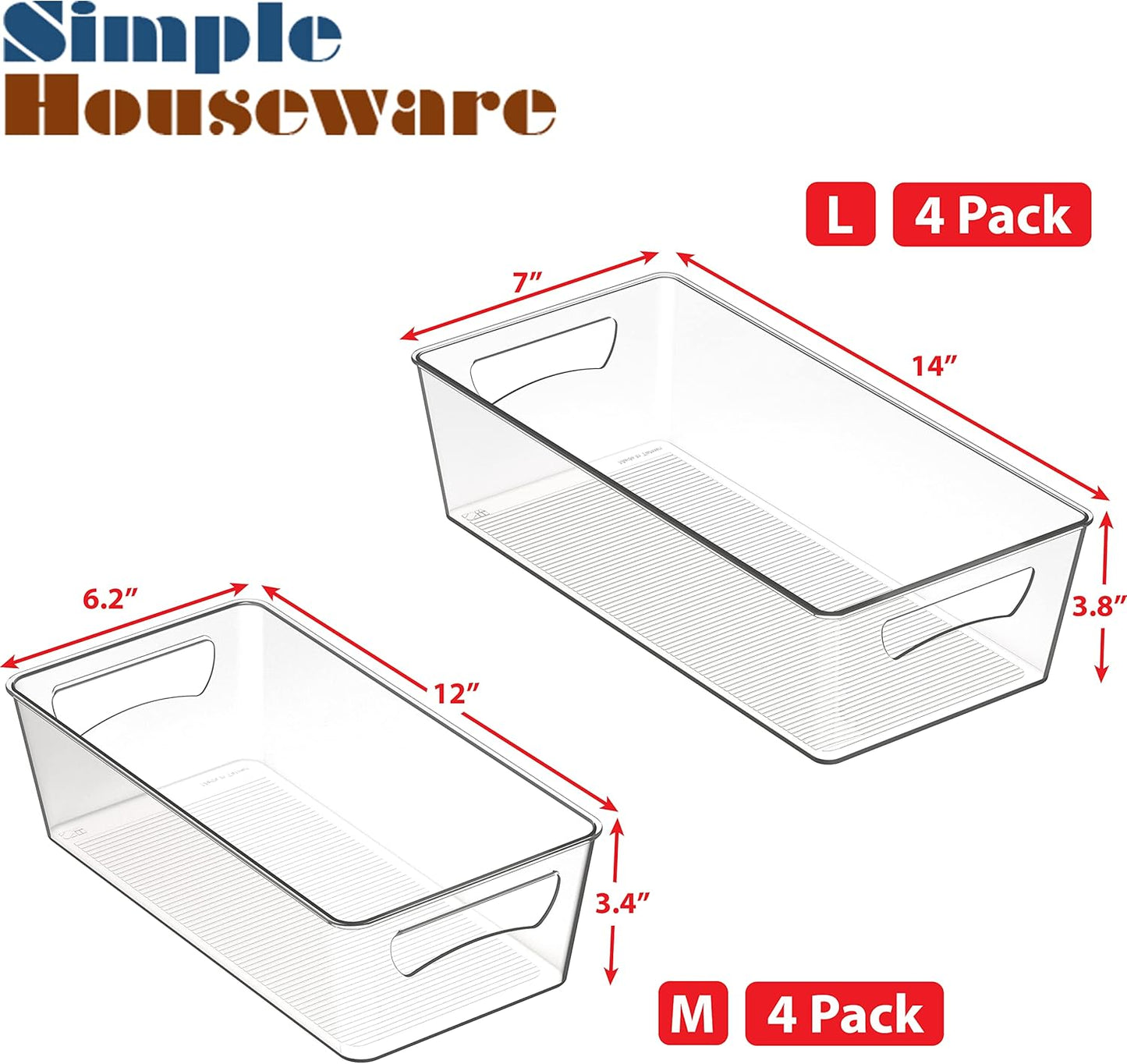 Simple Houseware Pantry Bins Storage Organizer, 8 Packs (4 Medium & 4 Large)