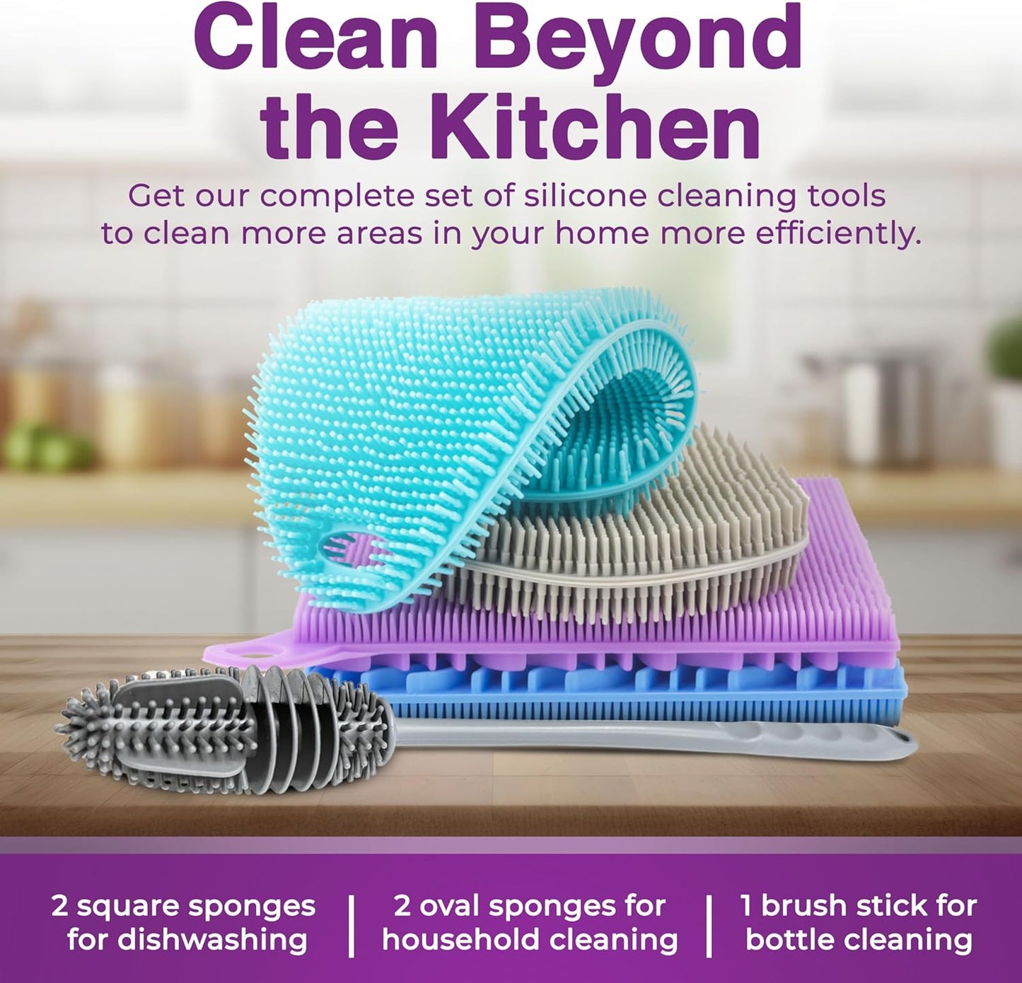 Silicone Dish Scrubber Sponges (5-Pack) - Dual-Sided Silicone Scrubbers and 1 Bottle Stick Brush - Food Grade Kitchen Scrubbers for Dishes - BPA-Free Sponges