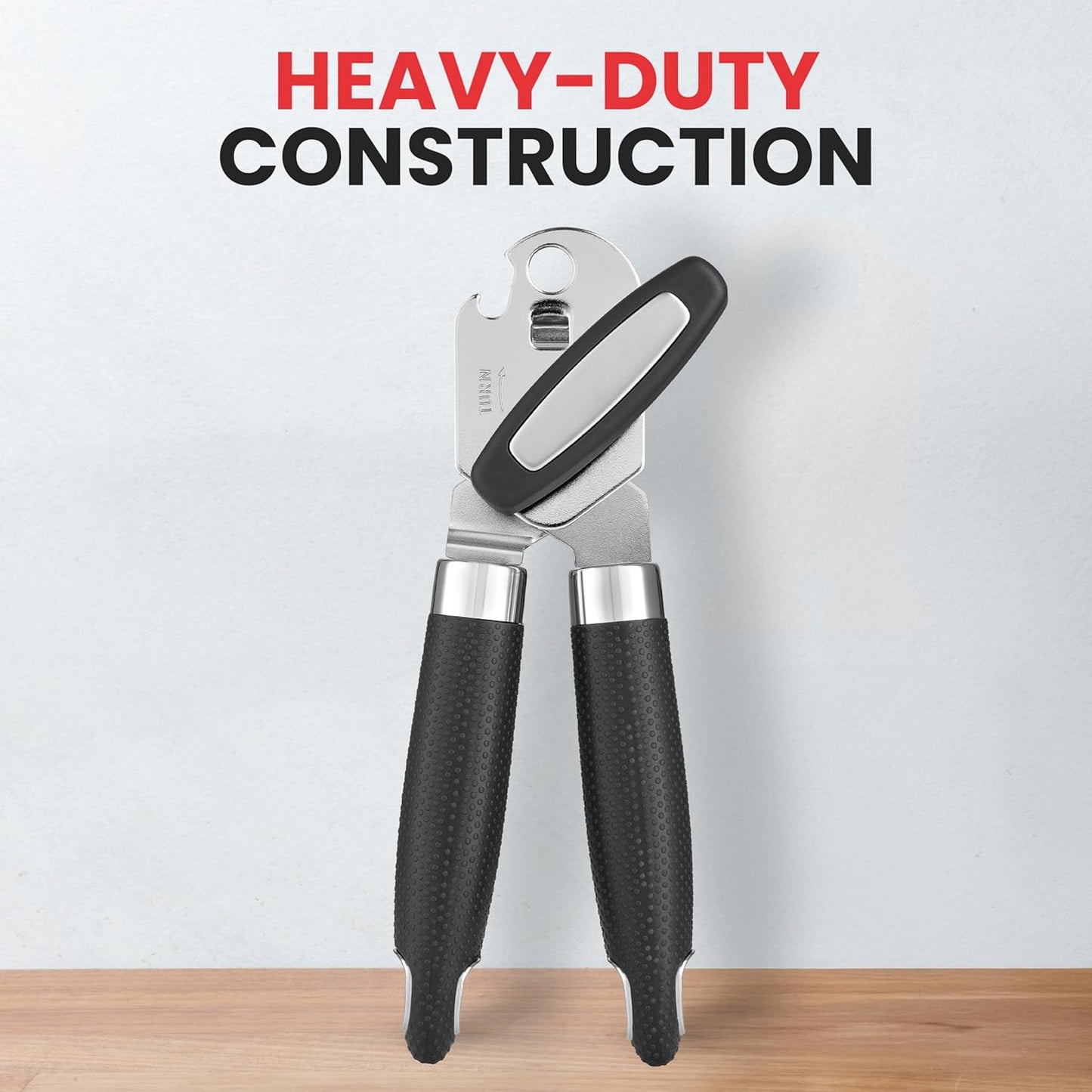 Zulay Kitchen Heavy Duty Stainless Steel Can Opener Manual with Large Bottle Opener - Manual Can Opener with Turn Knob with Soft Grip Handles - Black