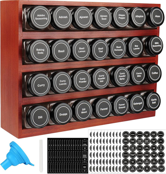 Bamboo Spice Rack Organizer with 28 Spice Jars, 780 Labels, 4 Tier Wood Hanging Shelf, Chalk Marker and Funnel Set for Drawer Cabinet Kitchen Countertop Wall Mount, Empty 4 oz Glass Jars-Cherry Stain