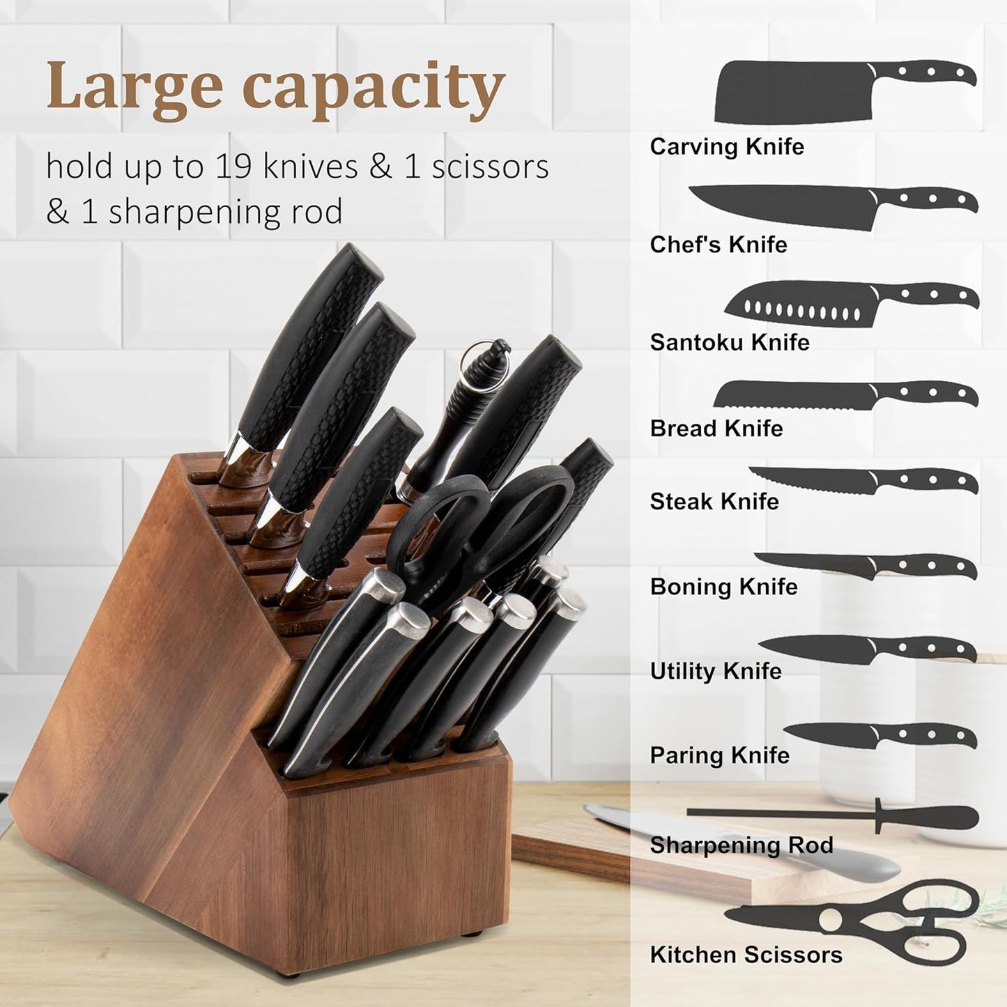 20 Slot Knife Block Storage without Knives,Acacia Wood Universal Knife Holder for Kitchen Countertop,Large Butcher Block Organizer,Easy Kitchen Knife Storage (Brown)