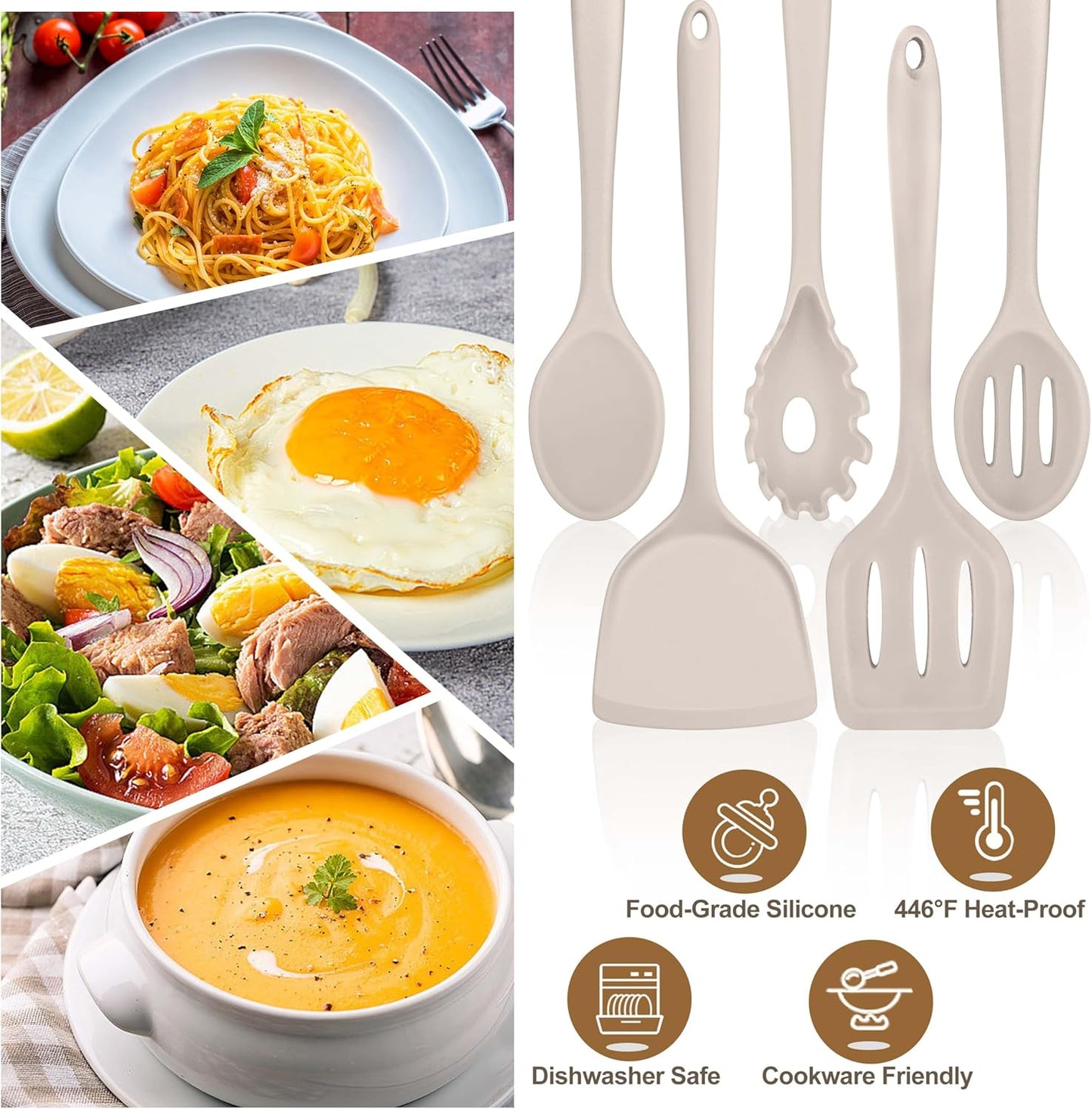 TeamFar Silicone Cooking Utensils, Kitchen Utensils Set of 5, Nonstick Cookware Tools Turners Spoons Pasta Server for Home, Healthy & Heat-Resistant, Seamless & Non-Scratch, Dishwasher Safe, Khaki