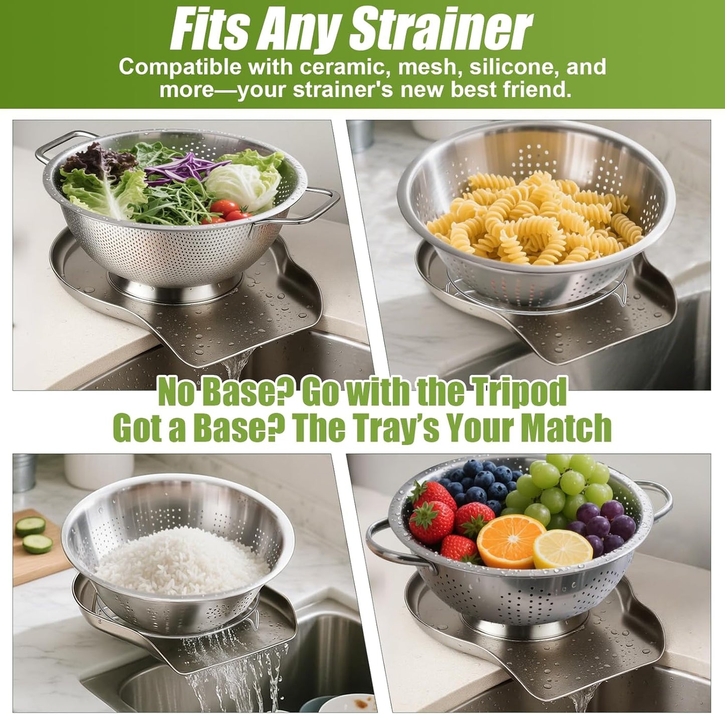 Palksky Colander and Strainer Self Drainer Base Plate Stainless Steel for Kitchen, Metal Countertop Draining Tray for Pasta Rice Noodle Fruit Veggie Food Strainer & Ceramic Colander