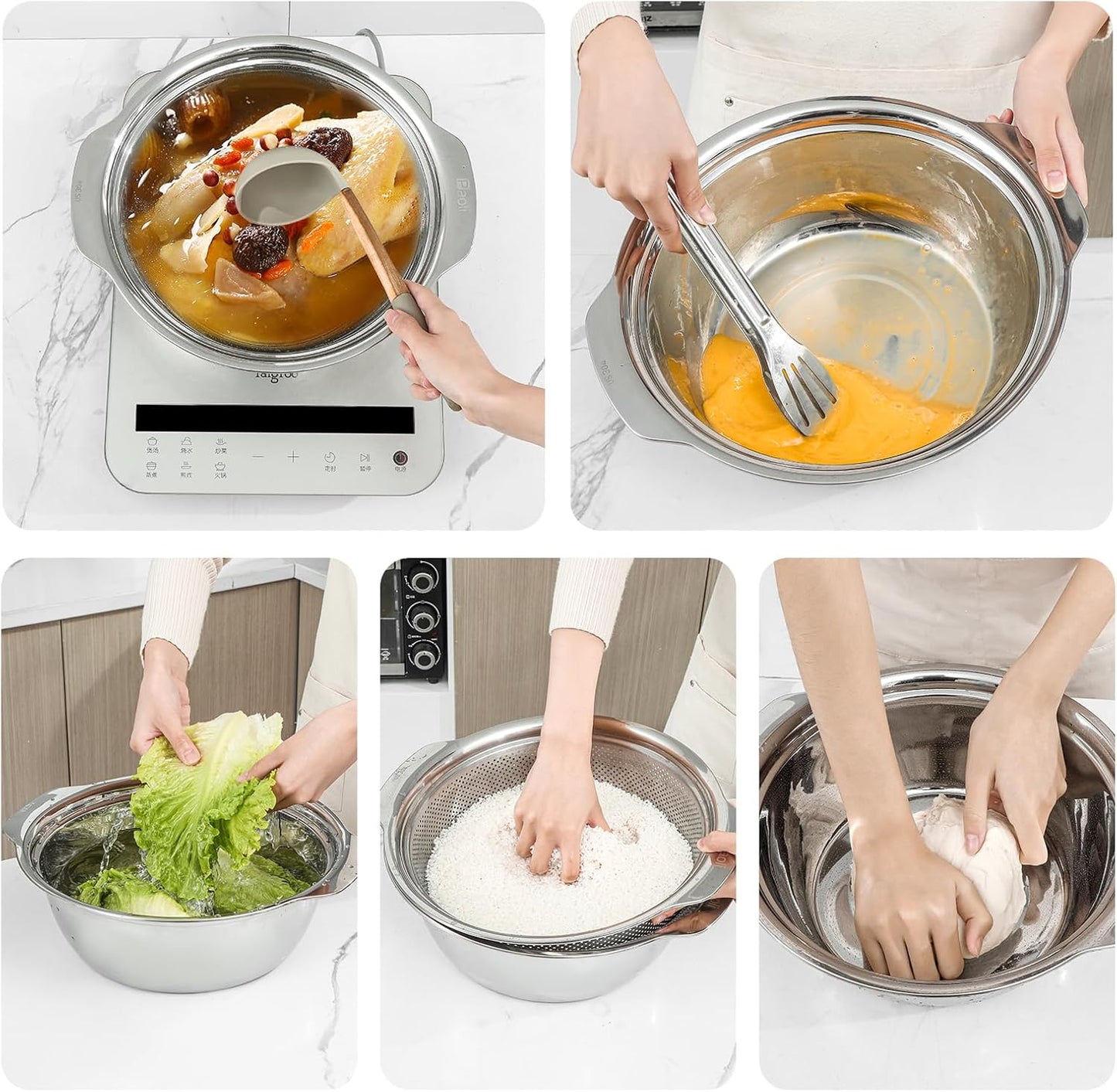 304 Stainless Steel Microporous Colander with Handle, Rice Washers Microporous Strainer Set For washing vegetables, fruits and rice, and draining cooked pasta.