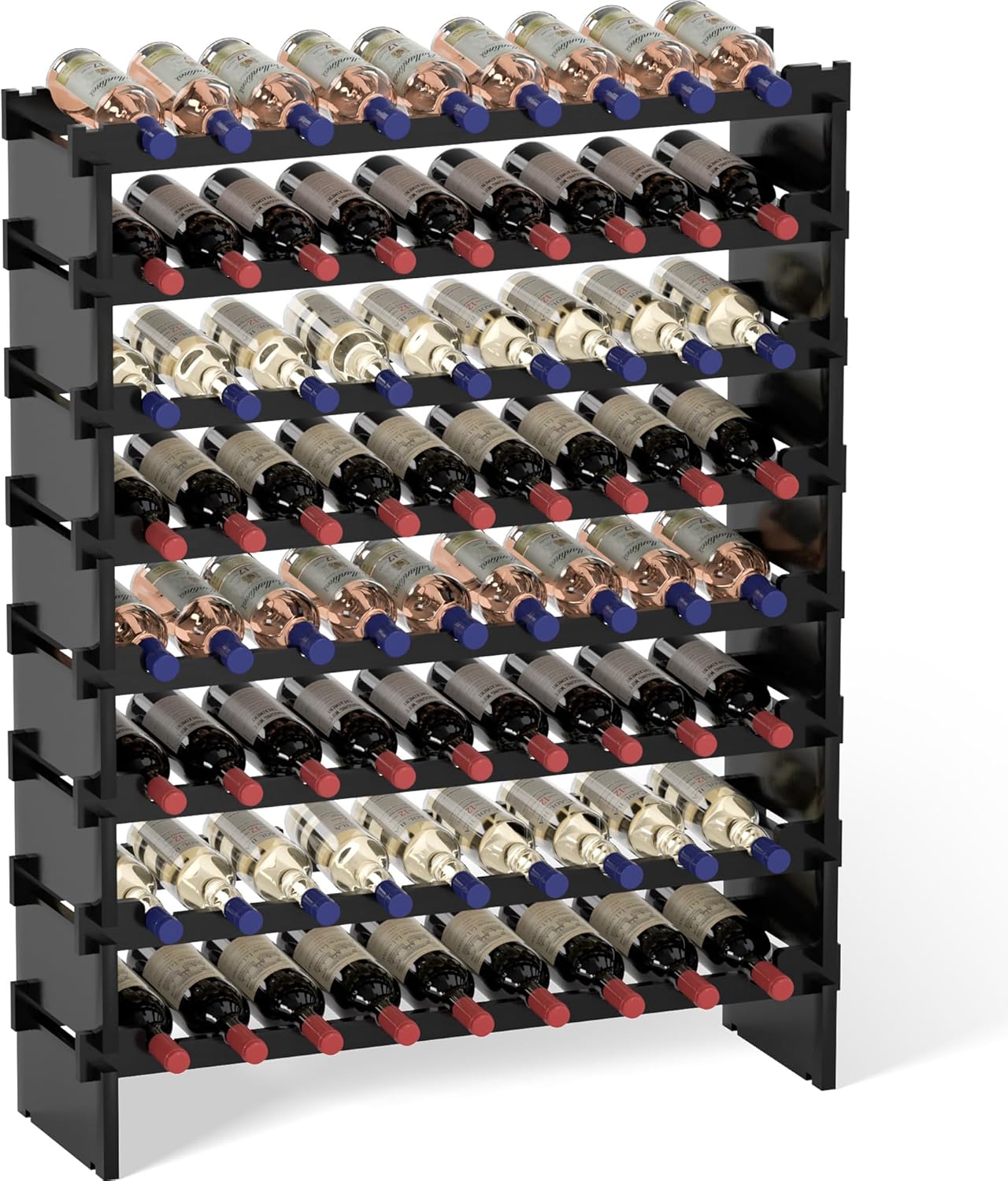 Domax Wine Rack Freestanding Floor - 8 Tiers Wine Bottle Holder 72 Bottle Stackable Bamboo Wooden Storage Racks Shelves for Kitchen, Bar, Pantry and Cellar (Black)