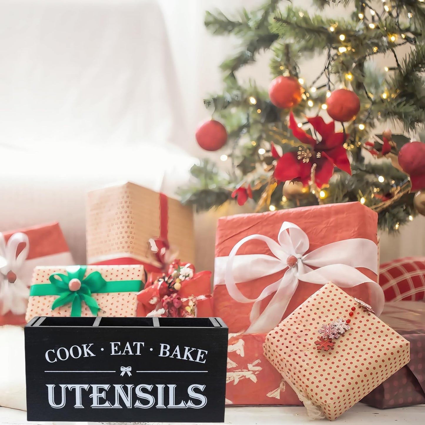 Utensil Holder,Large Wooden Utensil Holder For Kitchen Counter,Cooking Spatula Organizer,Big Storage Caddy With 3 Compartments Flatware Spoon Tool Cutlery（Black）