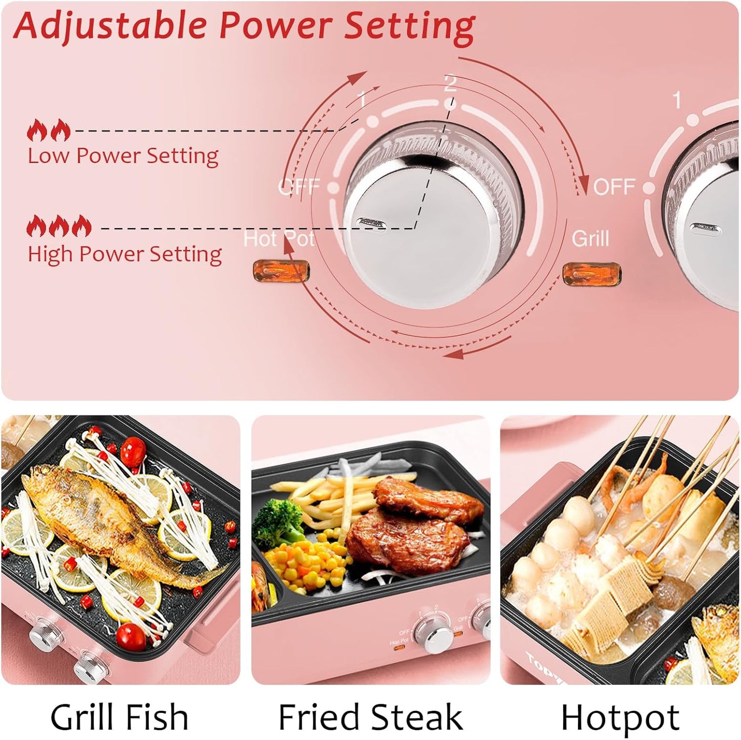 Topwit Hot Pot Electric with Grill, 2 in 1 Indoor Non-stick for Steaks, Shabu Shabu, Noodles, Simmer and Fry, Korean BBQ Grill, Independent Dual Temperature Control, Pink