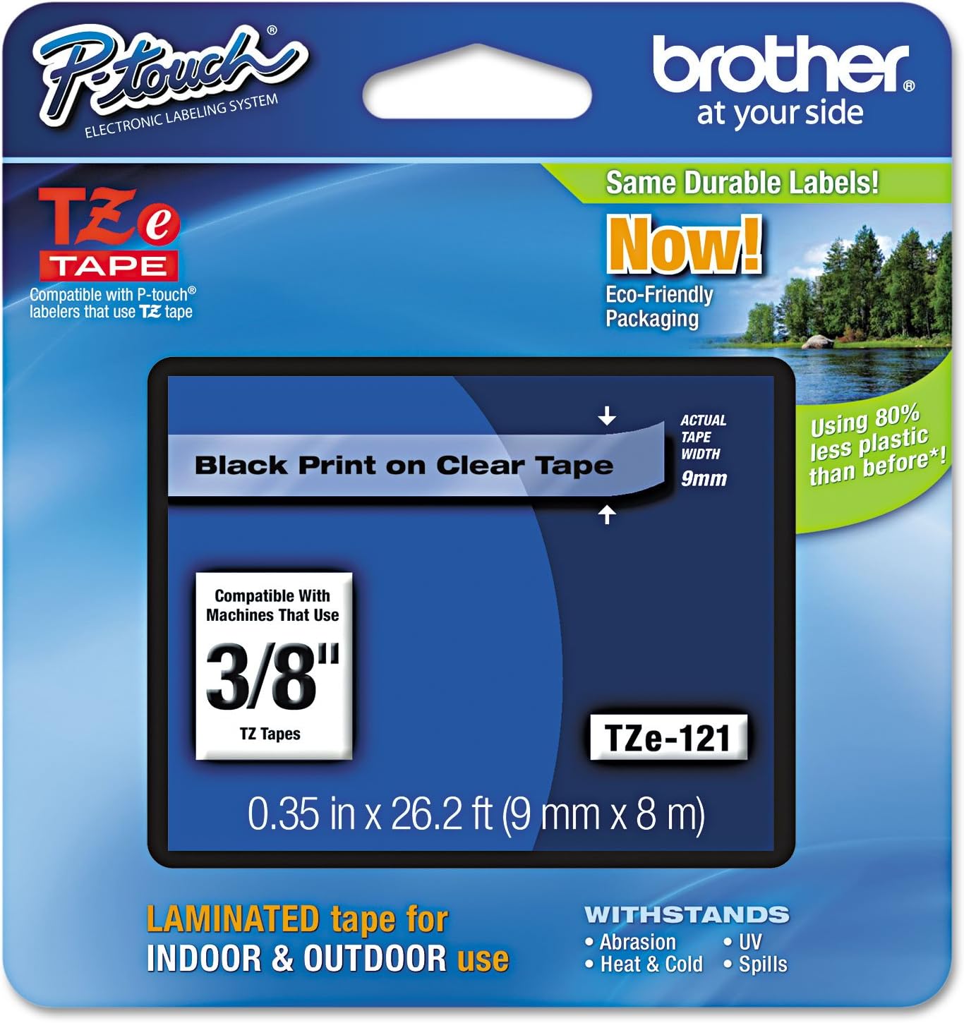 Brother Genuine P-Touch TZE-121 Tape, 9 mm (0.35") Standard Laminated P-Touch Tape, Black on Clear, Laminated for Indoor or Outdoor Use, Water-Resistant, 26.2 ft (8 m), Single-Pack