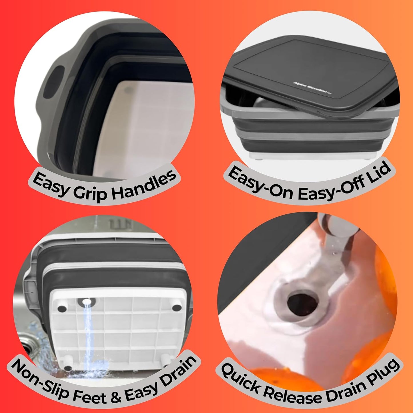 Collapsible Large (8L) BBQ Marinating Tub w/Cutting Board | Multipurpose Food-Grade TPE Prep Tub w/Lid | Built-in Colander & Drain Plug - for Camping | Tailgate | Picnic - Slate Black