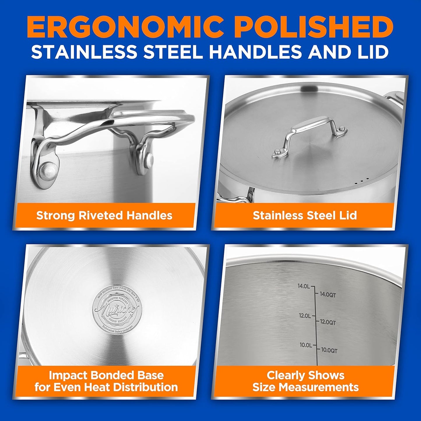 NutriChef 14 Quart Stock Pot with Lid - Heavy Duty Stainless Steel, Induction Ready, Ergonomic Handles