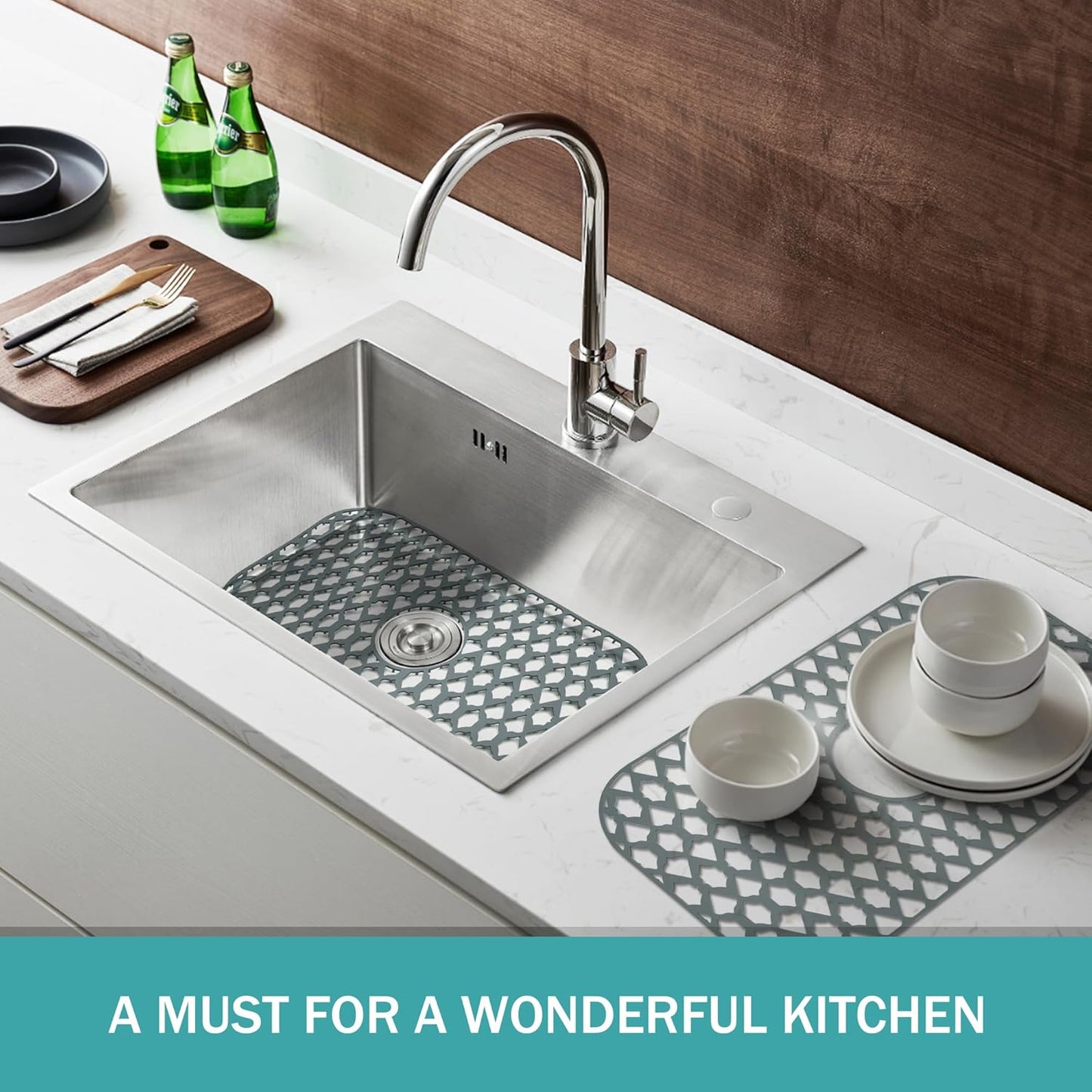 Silicone Sink Protectors - 13x11 & 16x12 & 19x14 & 22x13 & 24x13 & 26x14 & 28x14 & 30x16, Large Grid Mats for Farmhouse Sink (24'x13', Center Drain)