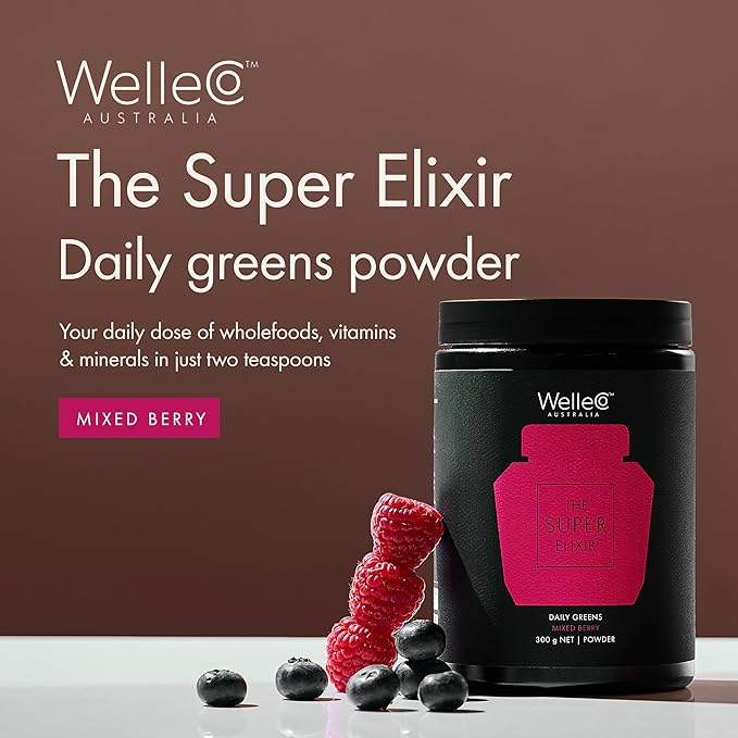 WelleCo The Super Elixir Daily Greens Powder, Probiotic Drink Mix with Whole Foods, Gluten Free, Vegan Gut Health Powder, Energy, Immunity, Healthy Skin, Hair & Nails (300g, Mixed Berry)