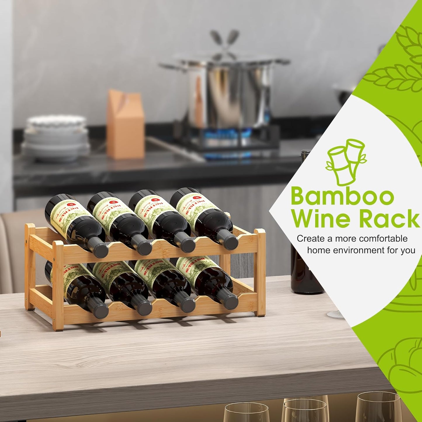 BMOSU Bamboo Wine Rack Wine Storage Cabinet Shelf 8 Bottle Wine Racks Countertop Sturdy for Kitchen Dining Room Pantry - 2 Tiers Wine Rack(Natural)