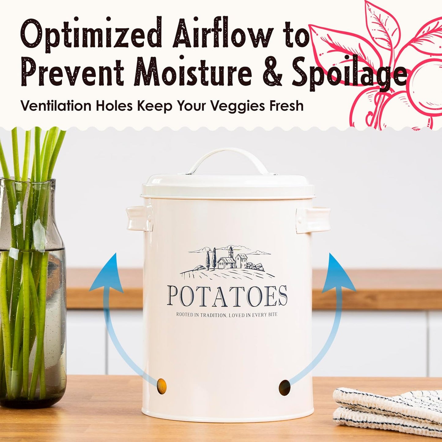 Potato and Onion Storage Bin Set – 3 Metal Farmhouse Canisters with Ventilation Holes – Rustic Kitchen Organizer for Garlic, Onion, and Potato Storage – Countertop or Pantry Use