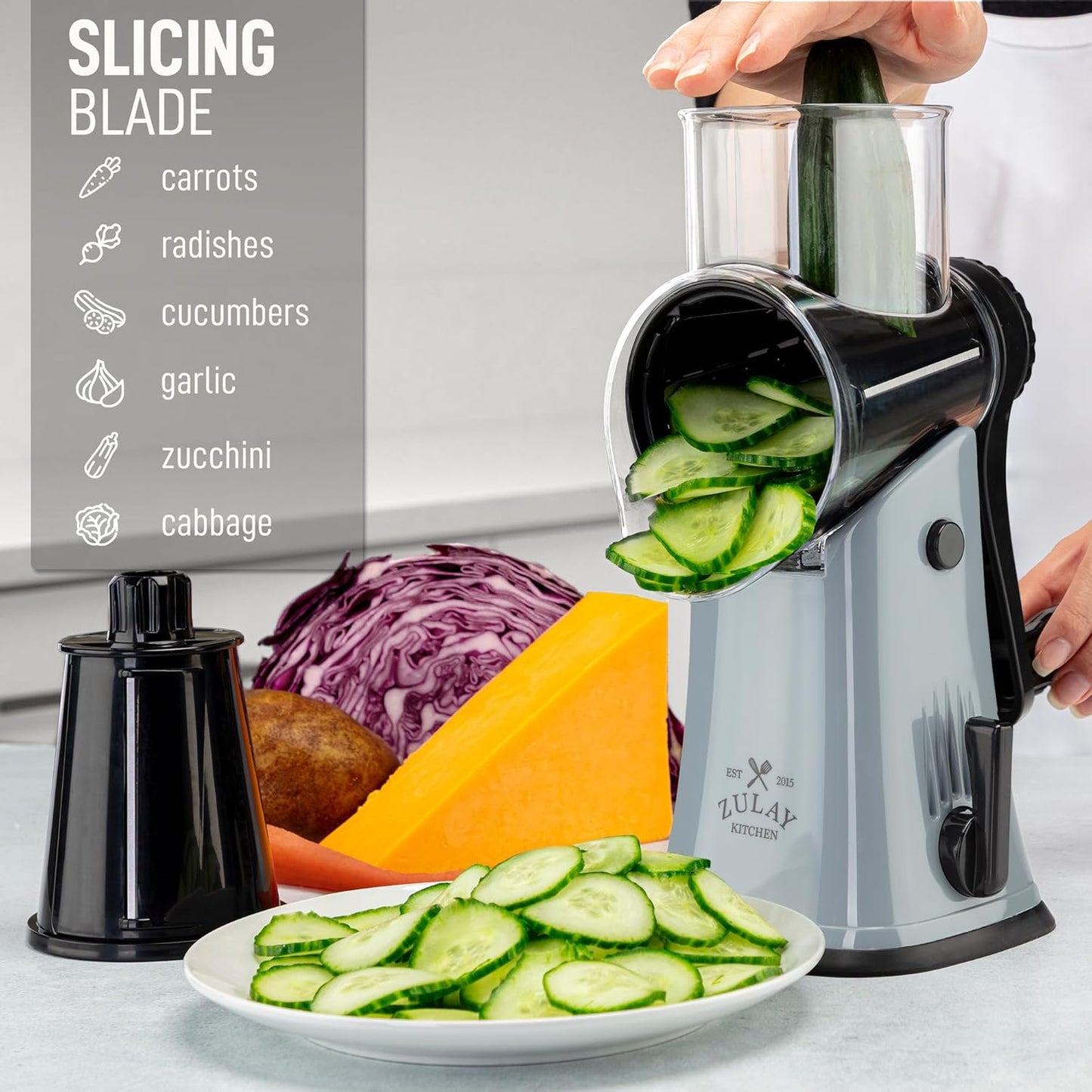 Zulay Kitchen Rotary Cheese Grater 5 Blade Cheese Shredder - Manual Hand Crank Cheese Grater With Reinforced Suction & 5 Interchangeable Drums - Easy to Use, Vegetable Chopper Round Mandoline Slicer