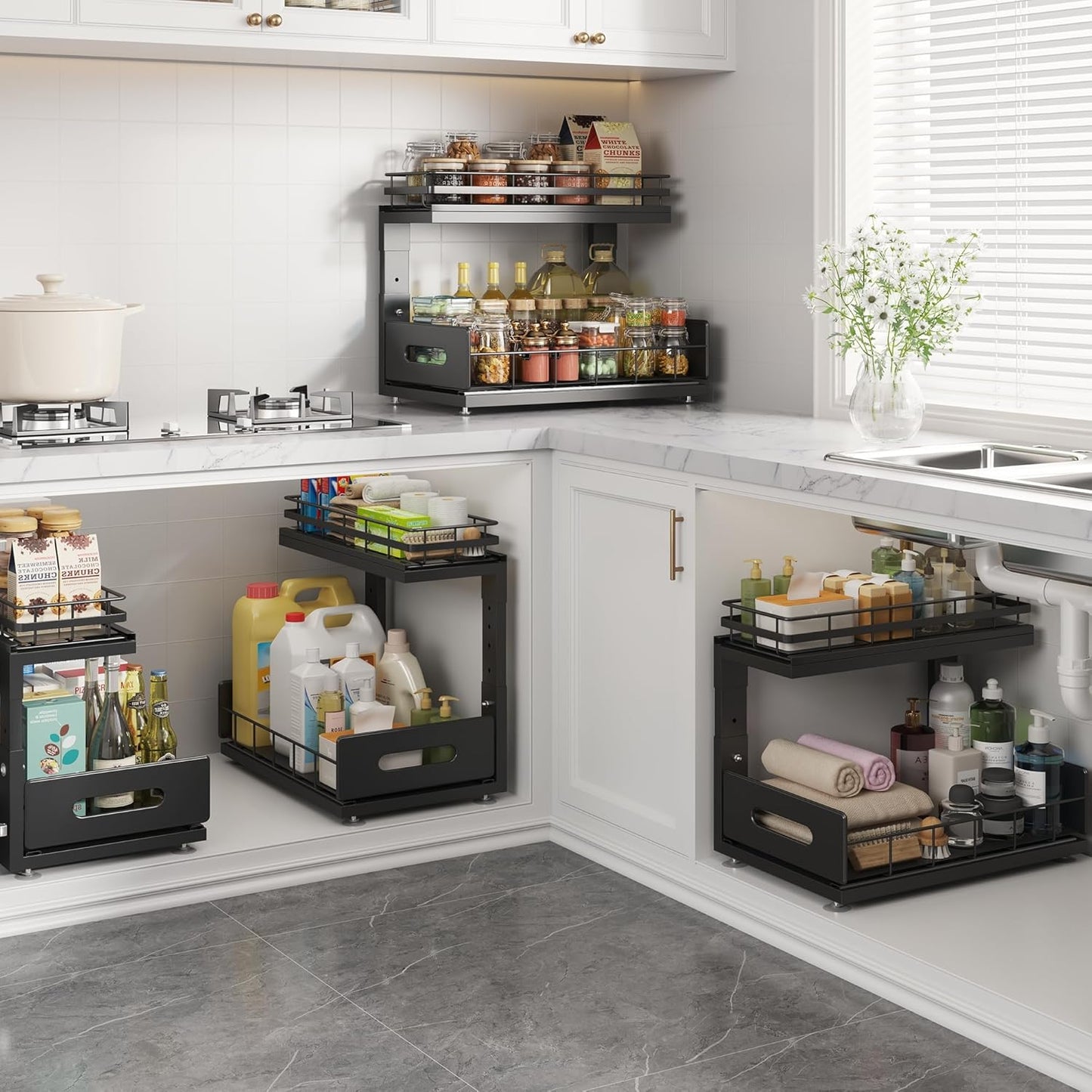 2 Pack Under Sink Organizer Upgrade To Professional Rails,2-Tier Dual Pull Out Cabinet Storage,Height Adjustable Slide Out Drawers For Bathroom Kitchen,Under Sink Shelf (Patent Registered)