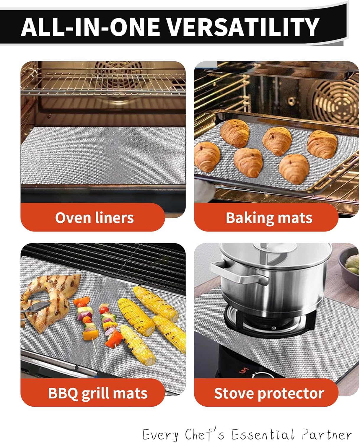 3 Pack Oven Liners for Bottom of Oven, 17x25" Large Heavy Duty Non-Stick Reusable Oven Mat for Electric, Gas, Toaster & Convection Ovens - BPA & PFOA Free, Dishwasher Safe, Kitchen Essentials, Silver