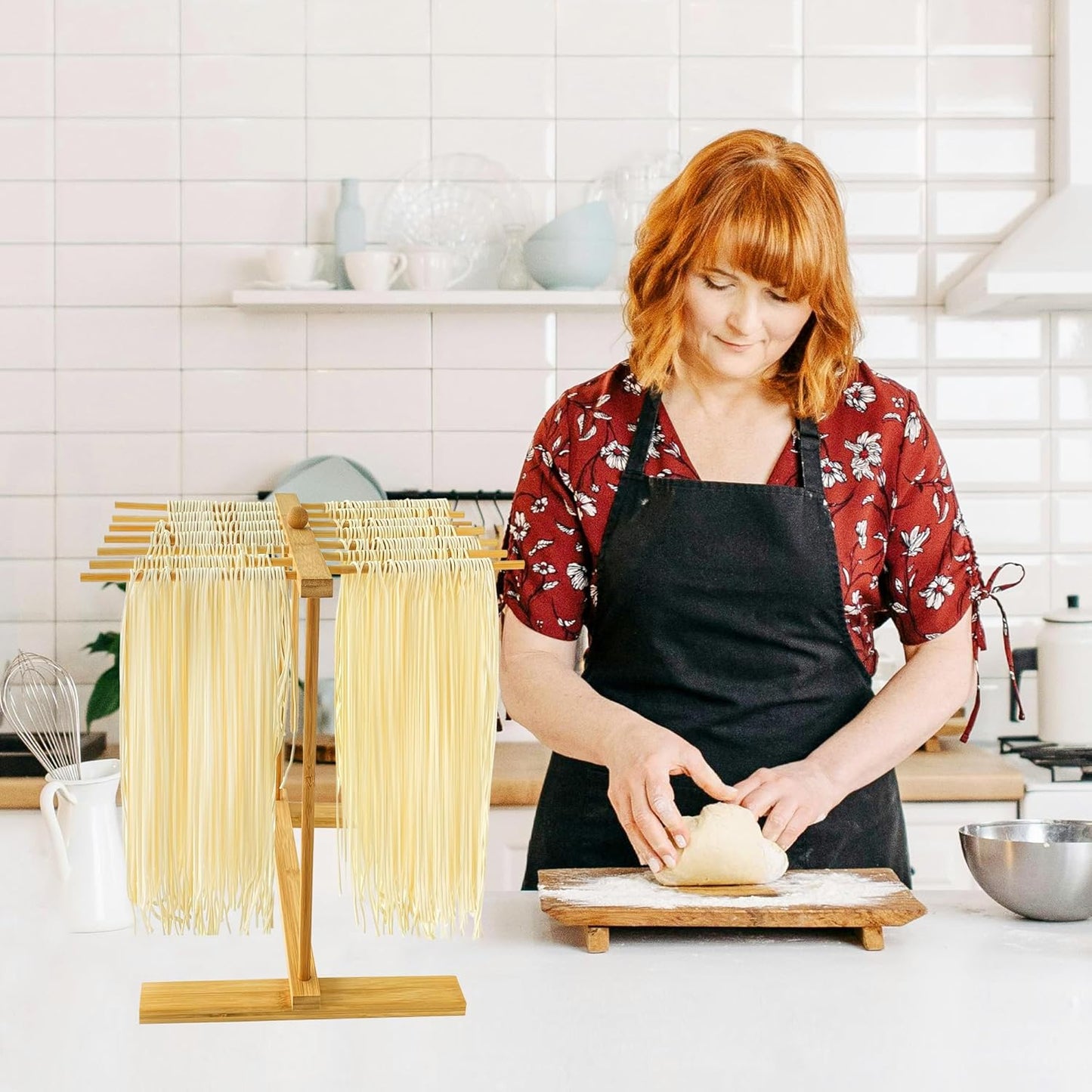 Bamboo-Pasta-Drying-Rack with Transfer Wand & 14 Arms, Large Collapsible Fresh Pasta Dryer Holder for Homemade Noodle, Spaghetti, Tagliatelle, Detachable Fettuccine Hanger Stand with 14 Bars