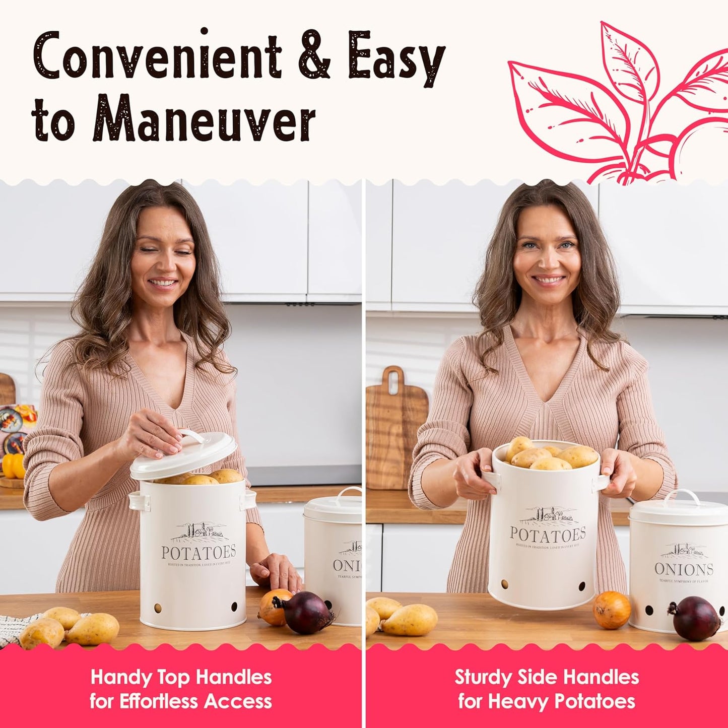 Potato and Onion Storage Bin Set – 3 Metal Farmhouse Canisters with Ventilation Holes – Rustic Kitchen Organizer for Garlic, Onion, and Potato Storage – Countertop or Pantry Use