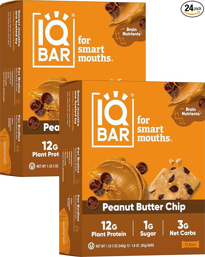 IQBAR Brain and Body Plant Protein Bars - Peanut Butter Chip - 24-Count Low Carb - Gluten Free, High Fiber, Vegan Snacks - Low Sugar Meal Replacement