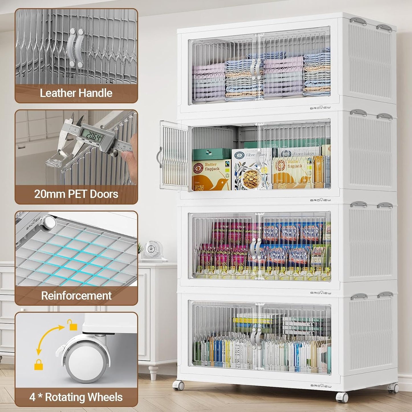 800Qt Extra Large Stackable Storage Bins with Lid, Closet Organizer Collapsible Drawer Boxes with Wheels, Folding Plastic Cabinet Containers for Home Kitchen Room Organization, 4Pack White