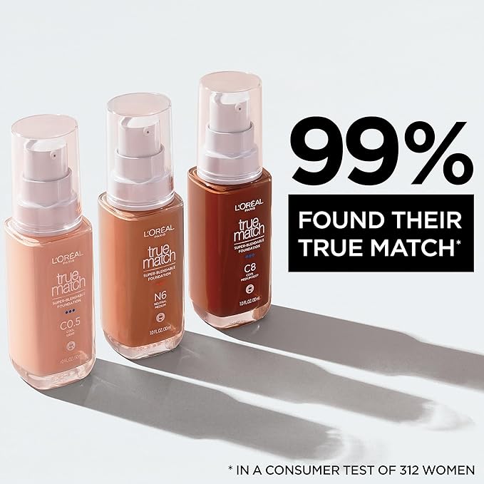 L'Oreal Paris True Match Super-Blendable Foundation, Medium Coverage Liquid Foundation Makeup, W2, Light, 1 Fl Oz