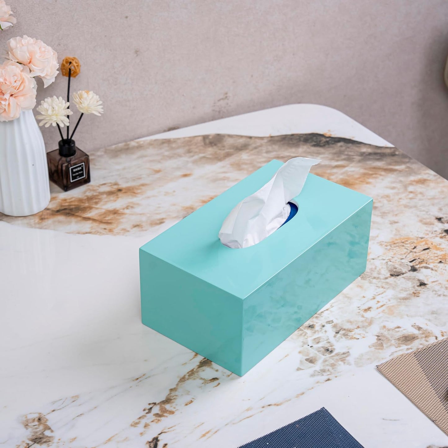 PEMAR Rectangular Lacquer Tissue Box, Handmade Rectangle Tissue Holder Decorative Napkin Dispenser Organizer Rustic Farmhouse Vintage Decor (Aqua)