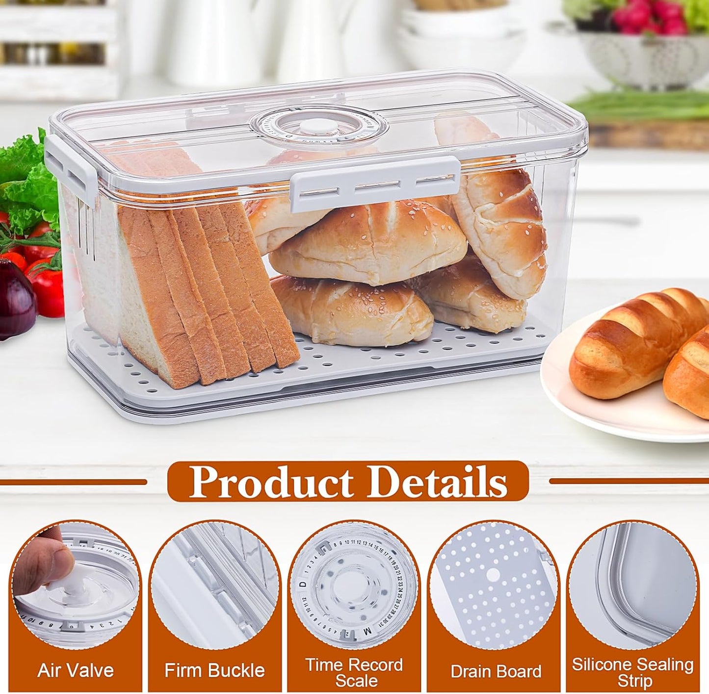 Bread Box for Homemade Bread Boxes for Kitchen Counter Airtight, Time Recording Bread Storage Container with Lid, Bread Containers Storage Airtight Loaf Bread Keeper, Large, White
