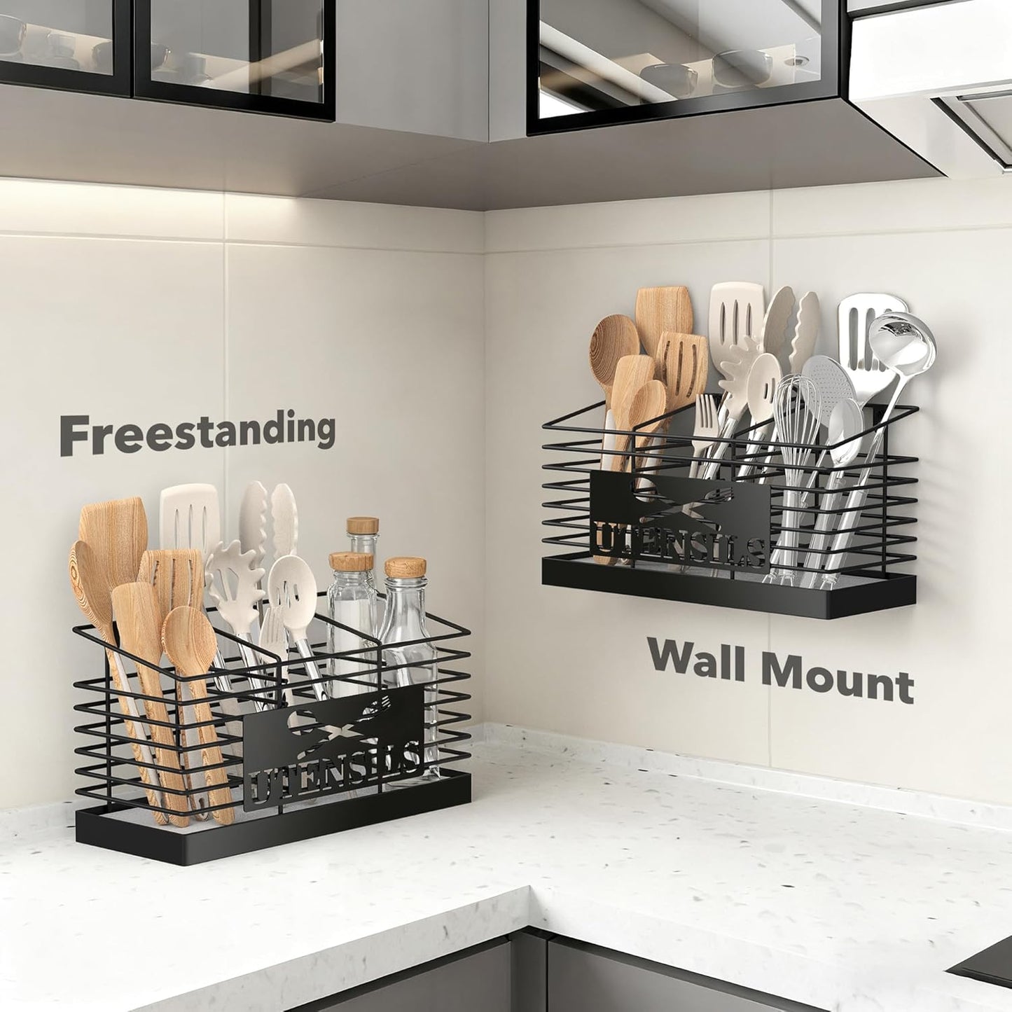 Utensil Holder for Kitchen Counter with Fast-Drying Diatomaceous Earth Base, Large Utensil Organizer with 3 Compartments, Black Metal Cooking Tools Storage