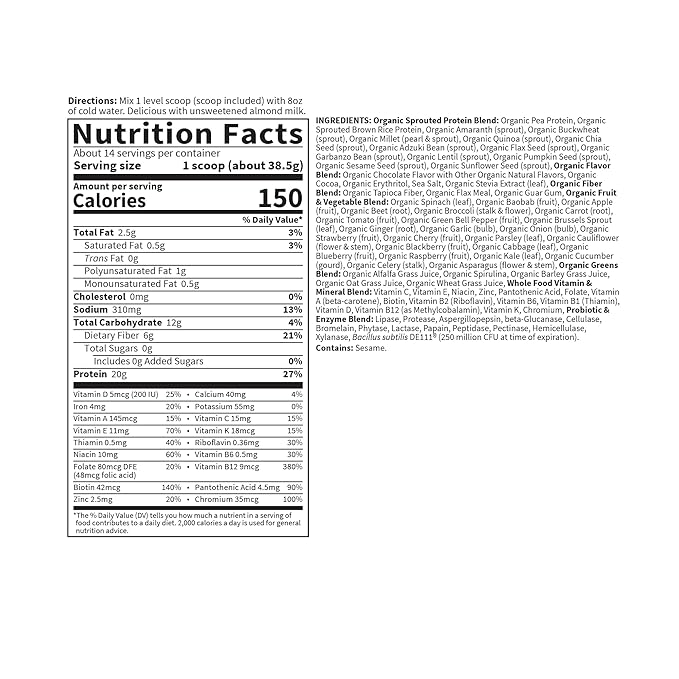 Garden of Life Meal Replacement Shakes, Raw Organic, Chocolate Protein Powder with Plant Based Pea Protein, Sprouts, Greens, Probiotics, Dairy Free 14 Servings