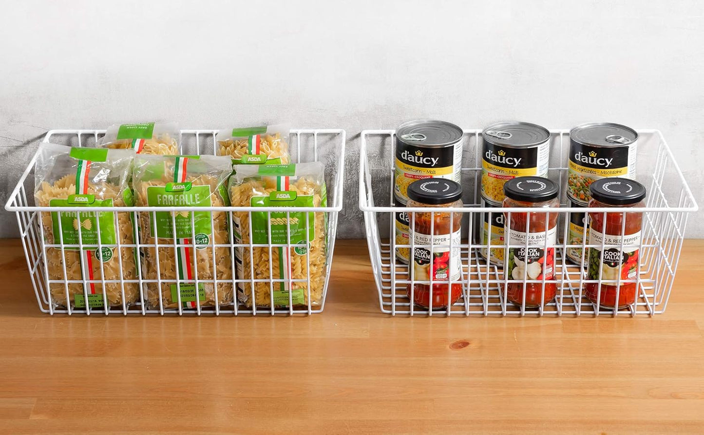 Redrubbit Wire Storage Baskets, Large Farmhouse Metal Freezer Basket Storage Organizer Bins with Handles for Kitchen Cabinets, Pantry, Closets, Bedrooms, Bathrooms, Set of 2, White