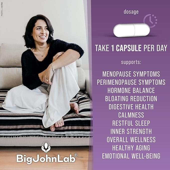 BIGJOHNLAB® - Menopause Total Support – Advanced Probiotic Formula with 5 Strains & 15 Billion CFU, Resveratrol, Black Cohosh, Acacia Fiber, Non-GMO & 100% Vegetarian