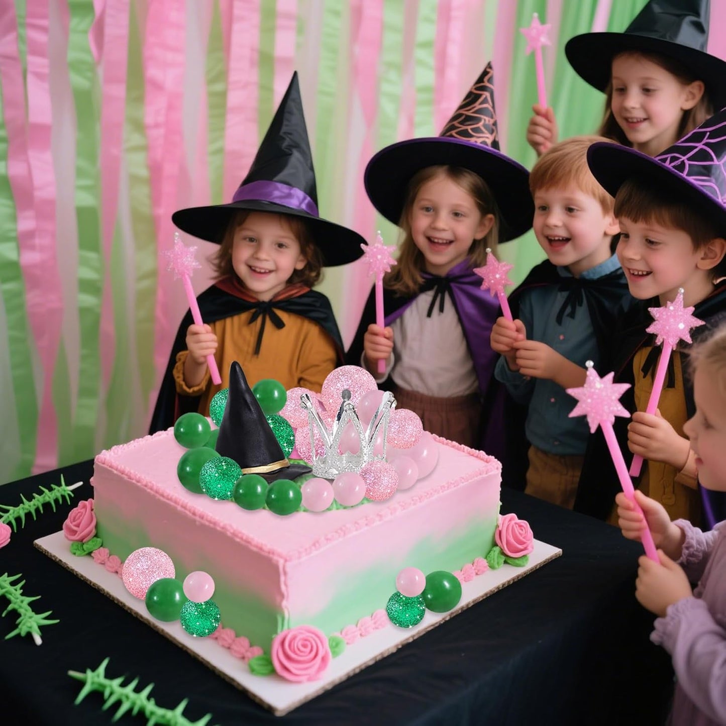 BEISHIDA 42 pcs Foam Ball Cake Toppers with Witch Hat and Crown Decorations Cake Decorations for Witch Theme Party Decor Pink and Green Decorations Supplies