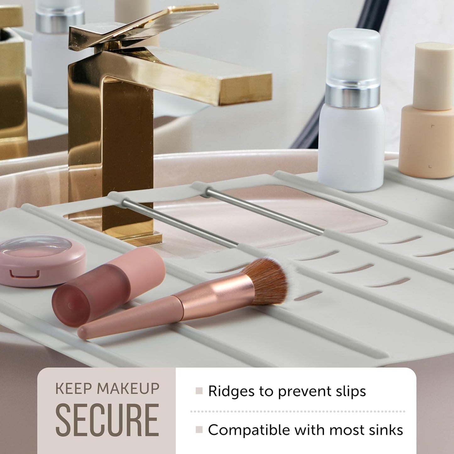 Maplefield Travel Size Bathroom Sink Cover for Counter Space - Foldable Silicone Sink Mat for Beauty Routine, Ideal for Small Bathroom, RVs, Camper Vans (Taupe Small, 19.5 x 15.5 x 1.6 Inches)