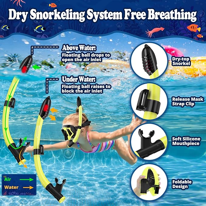 U PHITNIS Kids Snorkel Set for Age 4-14 - Dry Top Snorkeling Gear for Kids Junior & Youth - Childs Diving Mask with Big Eyes for Boys Girls - Anti-Fog Snorkeling Mask and Snorkel Set