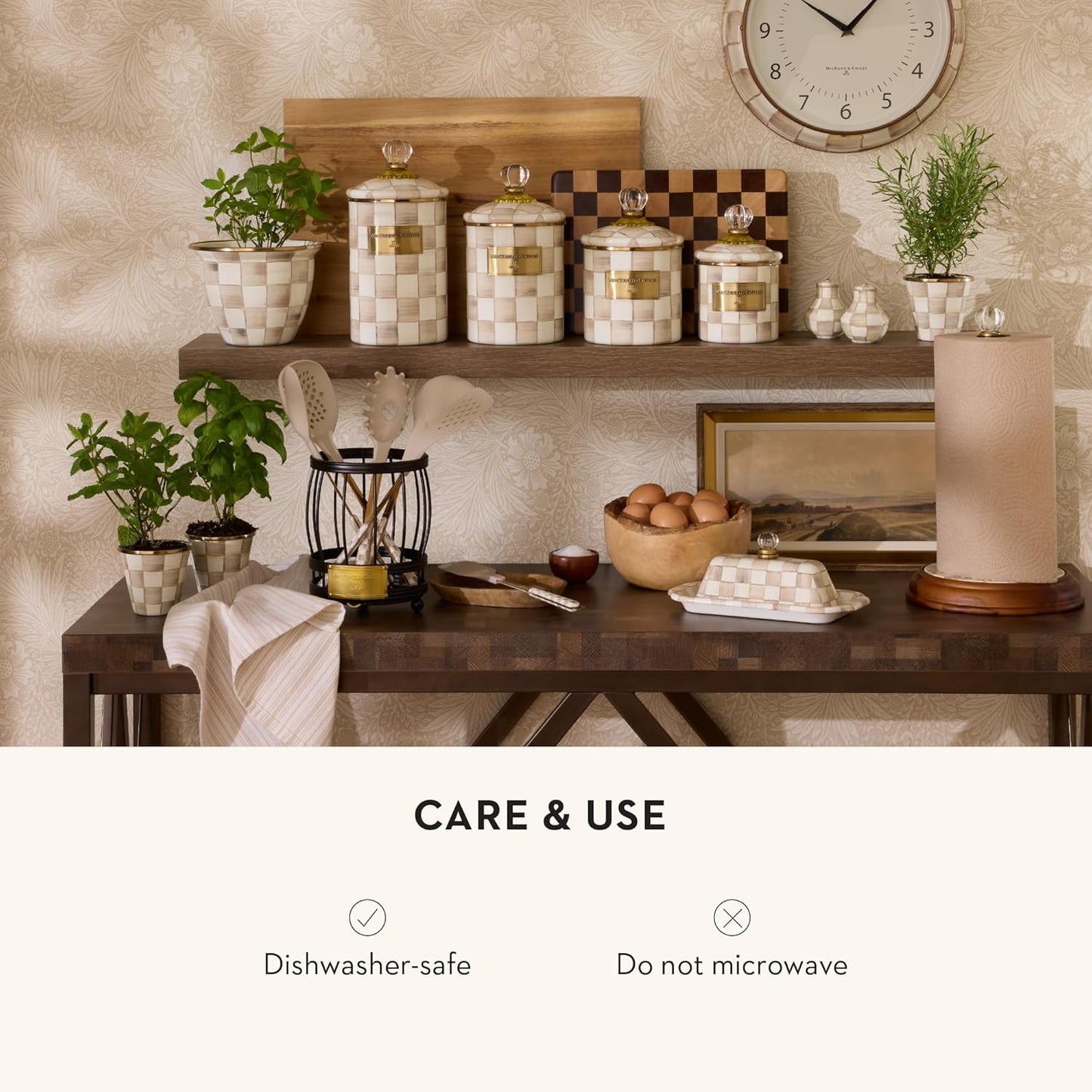 MACKENZIE-CHILDS Kitchen Pasta Spoon, Silicone Spaghetti Spoon, Brown-and-White Mocha Check