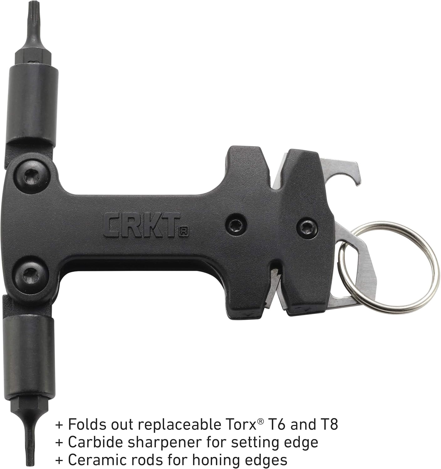 CRKT Knife Maintenance Tool: Tungsten Carbide Sharpener, Ceramic Sharpener Honing Edge, Torx Bits, Bottle Opener, Flat Screwdriver, Keychain Accessory, 9704