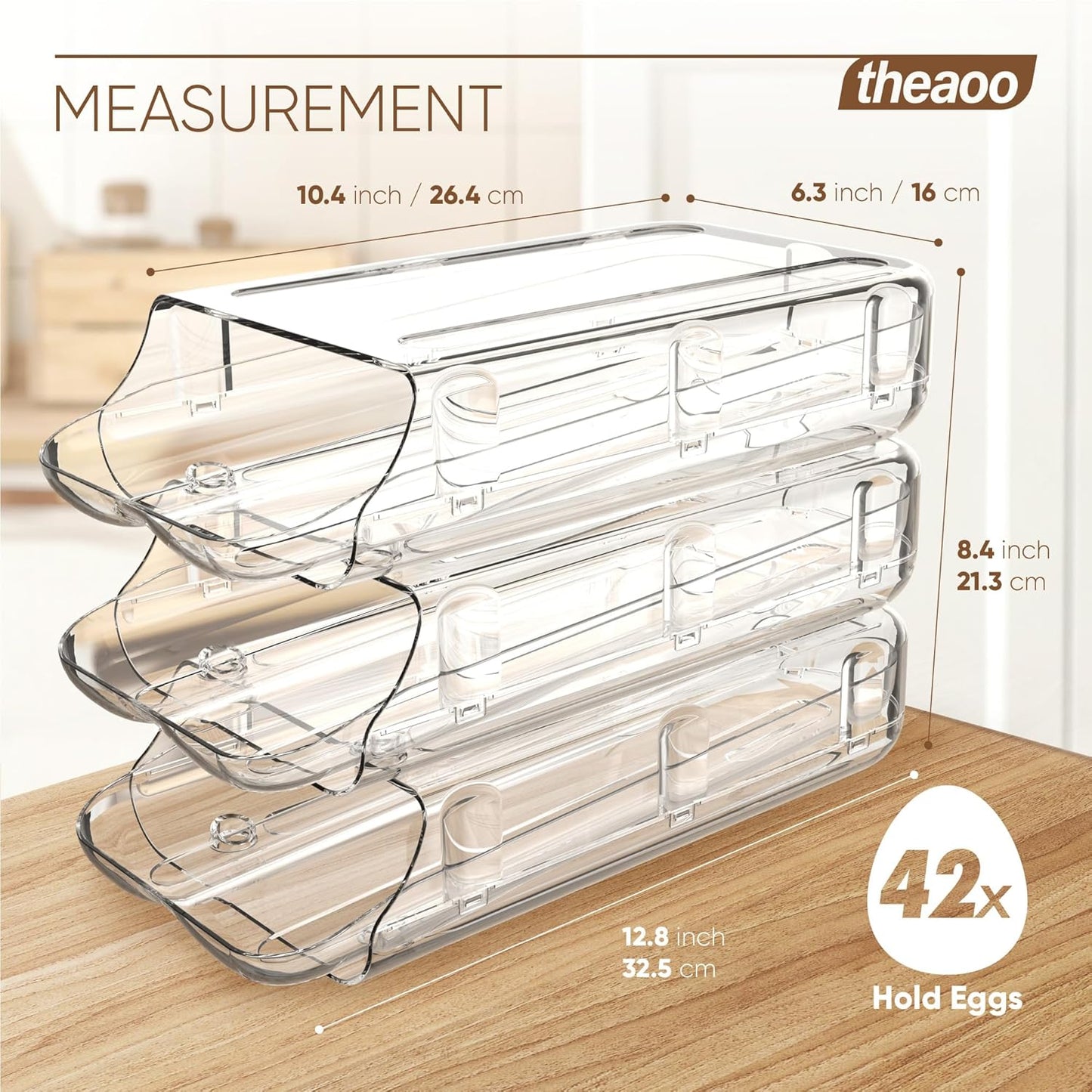 theaoo Egg Holder for Fridge, Automatic Rolling Egg Container for Refrigerator, Clear Plastic Egg Dispenser, Stackable Eggs Organizer with Quick Removable inner Tray For Organizers and Storage, 3 Pack