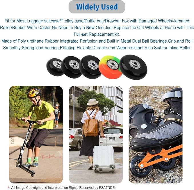 Luggage Suitcase Replacement Wheels Set of 4 PU Bearing Wheels-Install Width 0.8in/21mm with 3 Size Axles and Hacksaw for Trolley Bag Drawbar Box Smooth Rolling Repair(60x18mm)