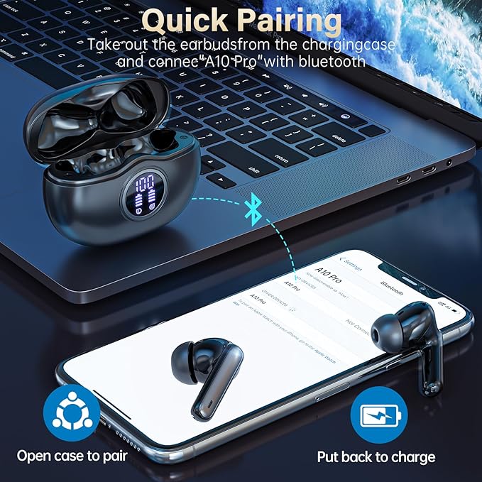 A10 Pro Wireless Earbuds, Bluetooth 5.3 Headphones HiFi Stereo 50H Playback LED Digital Display Ear Buds with ENC Noise Canceling Headset, IPX7 Waterproof Earphones for Gym/Running/Work