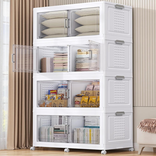 69.3"H 200Gal Plastic Storage Bins with Lid & Wheels,4Pack Extra Large Stackable Storage Bins with Dividers,Closet Organizers and Storage Cabinet Shelves Collapsible Box for Home Kitchen,White