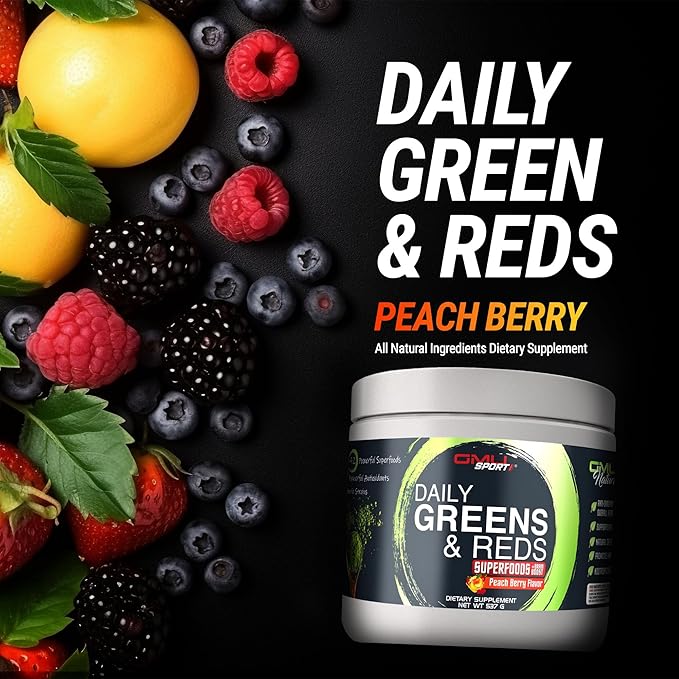 GMU SPORT Daily Greens and Reds, Super Greens Powder, 42 Superfoods, Probiotics, Adaptogens, Antioxidants for Gut Health, Superfood Powder for Mental Focus, Organic Greens Powder - Peach Berry Flavor