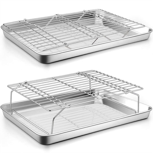 P&P CHEF 16 Inch Stainless Steel Baking Sheet with Rack Set (2 Pans+ 2 Racks), Cookie Sheets Baking Trays and Cooling Wire Racks, Oven & Dishwasher Safe, Pans with Stackable Racks