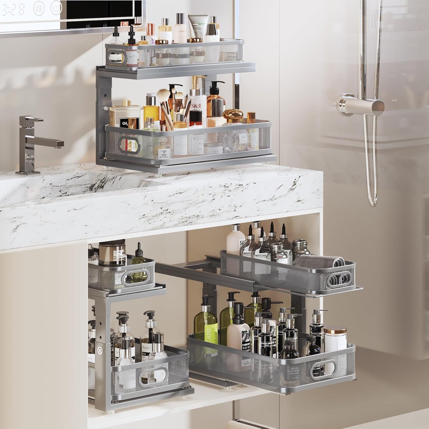 2 Pack 18.5IN-Depth Under Sink Organizer With Next-Gen Ball-Bearing Slides,2-Tier Precision Mesh Pull Out Cabinet Storage for Bathroom&Kitchen,Height Adjustable Drawers Shelf,Anti-rust-Grey