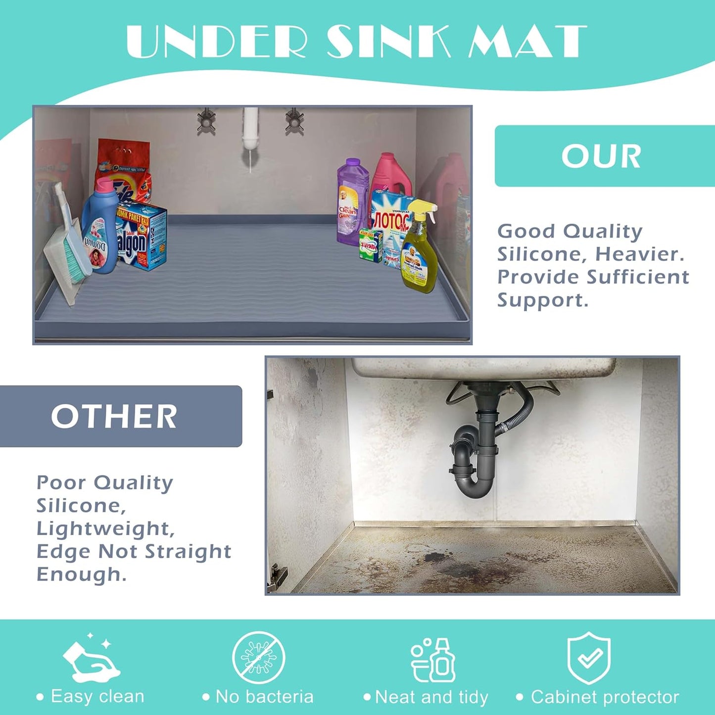 URMONA Waterproof Silicone Under Sink Mat 19'' x 12'' Shelf Liner for Kitchen and Bathroom, Cabinet and Counter Protector, Storage and Organizers, Litter Mat, Pet Cat Puppy Essentials(Beige)