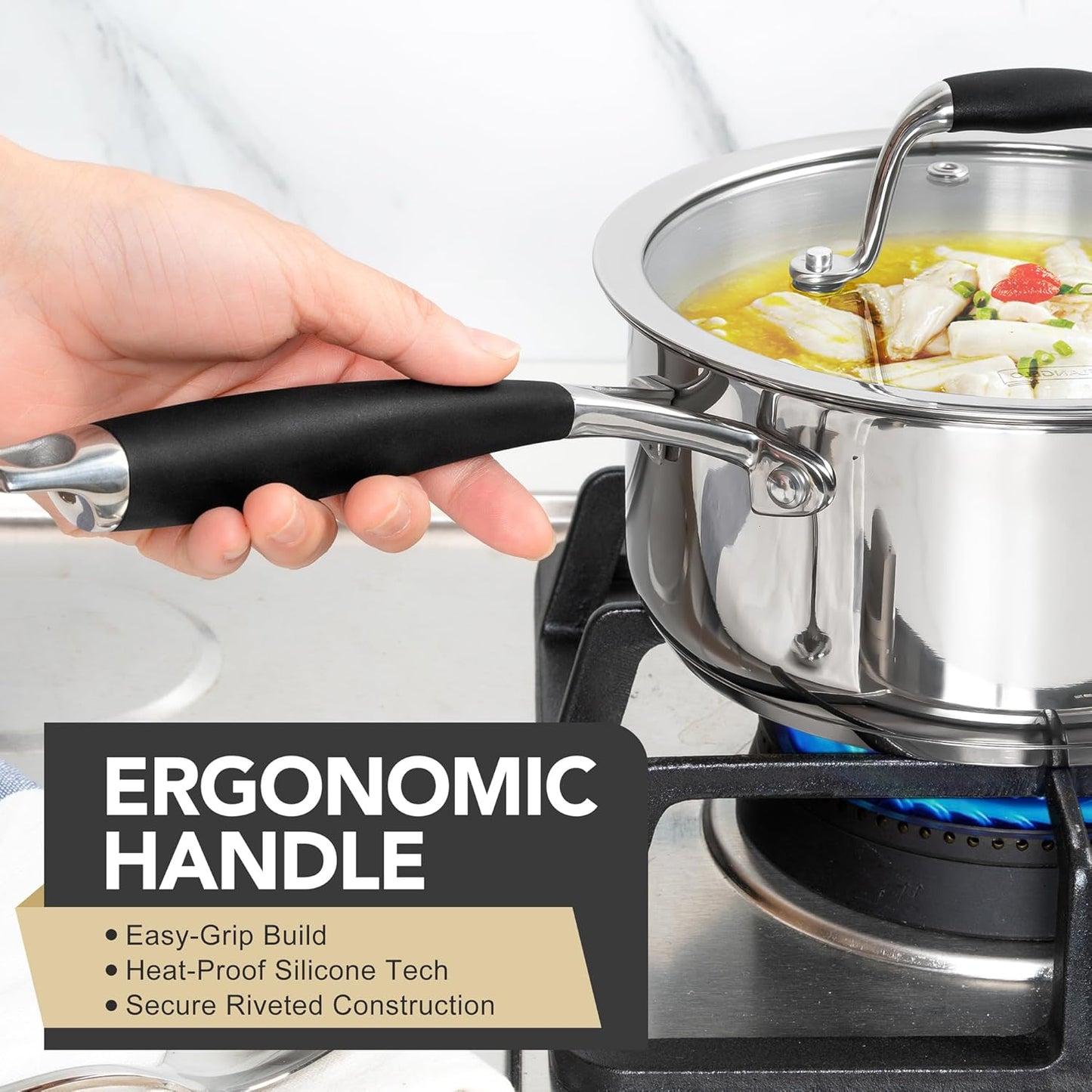 MICHELANGELO Triply Stainless Steel Saucepan with Lid 6 Pcs, Stainless Steel Sauce Pan with Bakelite Handle, Multipurpose Saucepans Set for Kitchen Cooking, Induction Compatible - 1QT & 2QT & 3QT